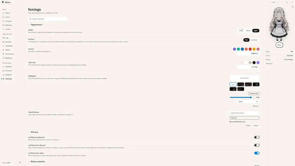 Reina's settings in the light theme